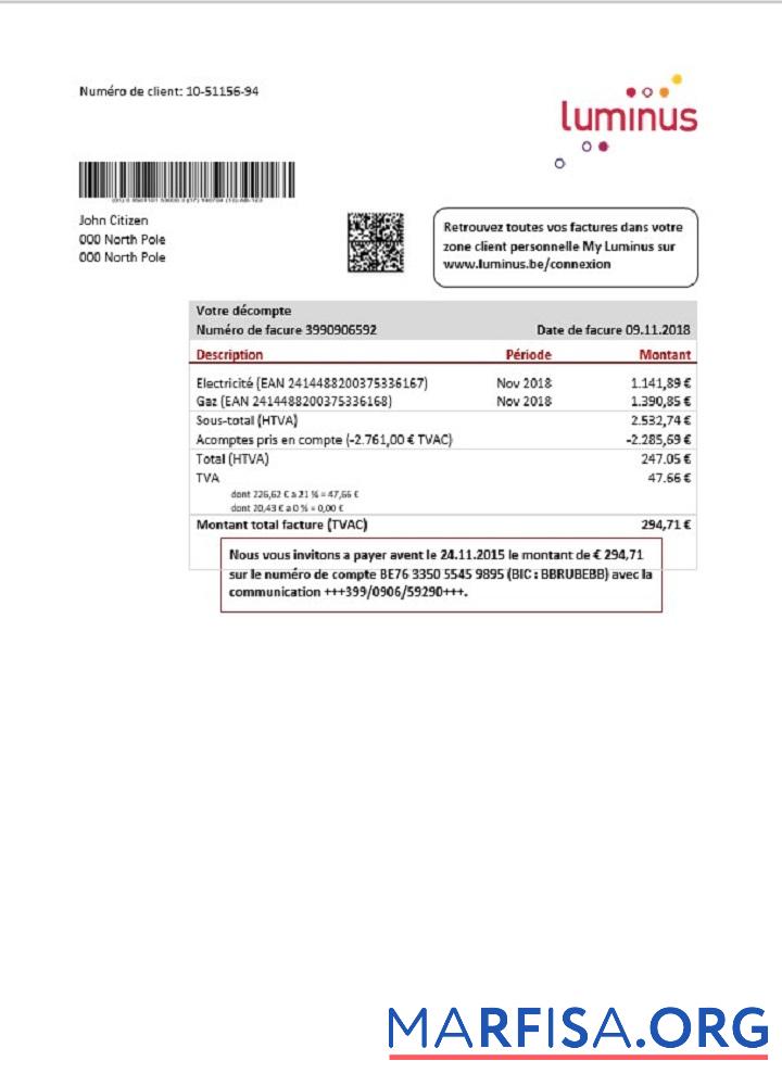 Downloadable Belgium Luminus utility bill template in Word and PDF format (in .doc and .pdf format)